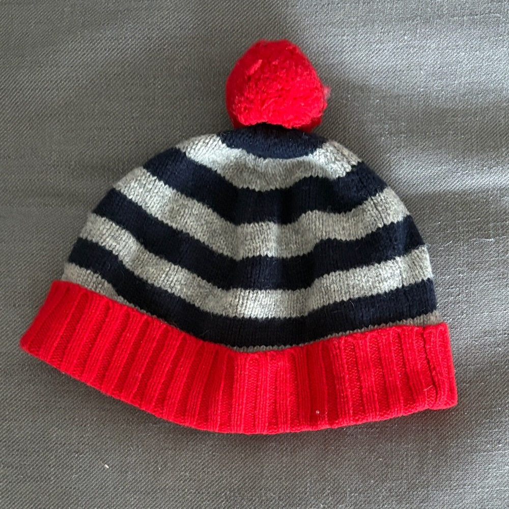 Striped Beanie with Red Pom-Pom